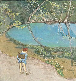 At Blautopf, by Karl Stirner; an illustration for Das Stuttgarter Hutzelmännlein (1913 ed.)