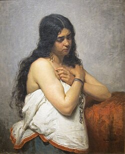 The Quadroon Girl (1878) oil painting by Henry Mosler; scholars of slavery have described the image of the "quadroon bride" and the Southern "fixation on interracial sex and violence" as a form of folk pornography[228] (Cincinnati Art Museum 1976.25)