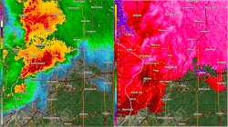 Two split-screen radar scans showing reflectivity (left) and velocity (right) imagery at the time of the tornado as it went over the factory