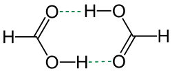 Cyclic dimer of formic acid; dashed green lines represent hydrogen bonds