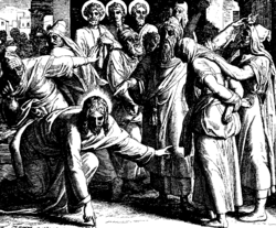 Jesus and the woman taken in adultery by Julius Schnorr von Karolsfeld, 1860, where Jesus said that the man who was without sin should throw the first stone.