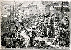 19th-century depiction of Phoenician sailors and merchants. The importance of trade to the Phoenician economy led to a gradual sharing of power between the King and assemblies of merchant families.