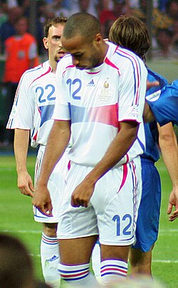 Henry playing for France against Italy during the 2006 FIFA World Cup final. He wore number 12 for France, the same number as his idol Marco van Basten.[90]