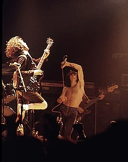 AC/DC performing at the Ulster Hall in August 1979