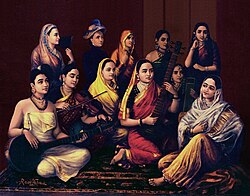 Indian women dressed in regional attire playing a variety of musical instruments popular in different parts of India