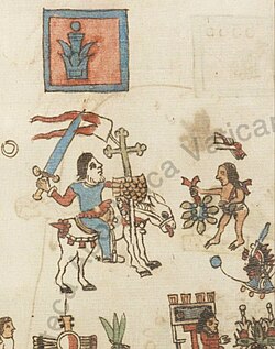 Cropped image from the Codex Ríos (f. 87r), depicting a scene from the early years of the Spanish conquest of the Aztec Empire[9]: 70