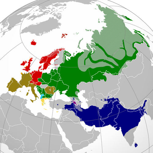 Map of the contemporary distribution of the Indo-European languages as primary language families in Eurasia