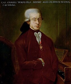 Mozart wearing the badge of the Order of the Golden Spur which he received in 1770 from Pope Clement XIV in Rome[31]
