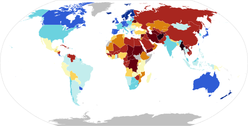 Democracy Index by the Economist Intelligence Unit, 2024.[259] Blue countries are democratic, yellow are hybrid regimes, and brown are authoritarian governments.