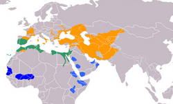 Migration of the Eurasian stone-curlew illustrated by different colours. summer year-round winter