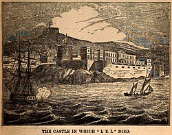 Engraving of Cape Coast Castle, featured in the January 1839 issue of The Mirror of Literature, Amusement, and Instruction