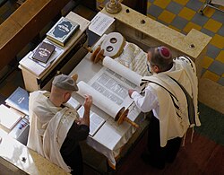 A man reads a torah using a yad