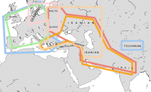 Some significant isoglosses in Indo-European daughter languages at around 500 BC. Blue: centum languages Red: satem languages Orange: languages with augment Green: languages with PIE *-tt- > -ss- Tan: languages with PIE *-tt- > -st- Pink: languages with instrumental, dative and ablative plural endings (and some others) in *-m- rather than *-bh-