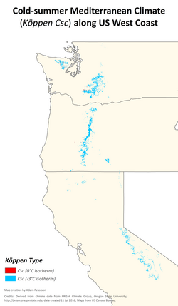 Distribution of the relatively rare cold-summer Mediterranean climate (Köppen type Csc) in Washington, Oregon and California
