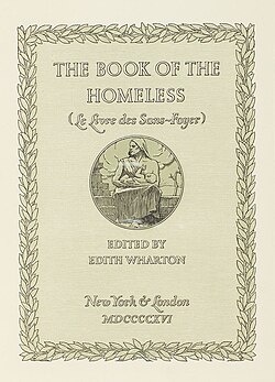 Title page of The Book of the Homeless, edited by Edith Wharton and printed in 1916 by Merrymount Press. The Huntington Library, Art Collections, and Botanical Gardens.
