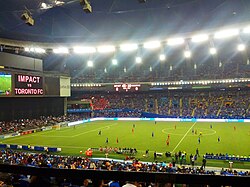 A match between Toronto FC and Montreal Impact in Olympic Stadium in Montreal, March 2013. The two clubs share a soccer rivalry referred to as the Canadian Classique, which later continues as the Impact became CF Montréal.