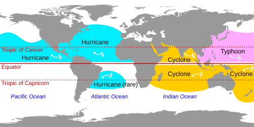 Terminology for tropical cyclones on a world map