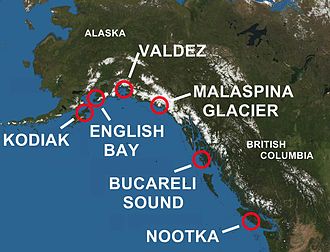 Areas of what are now Alaska and British Columbia explored by Spain