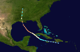 Map plotting the storm's track and intensity, according to the Saffir–Simpson scale