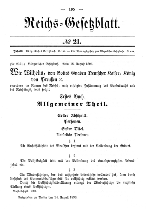 Publication in the Reich Law Gazette on 24 August 1896