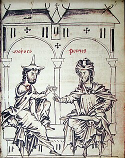13th-century illustration of a Jew (in pointed Jewish hat) and the Christian Petrus Alphonsi debating