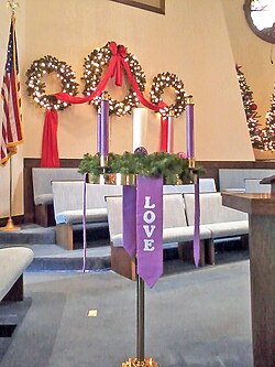 An Advent wreath in the chancel of Broadway United Methodist Church, located in New Philadelphia, Ohio