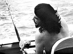 Guevara fishing off the coast of Havana, on 15 May 1960. Along with Castro, Guevara competed with expatriate author Ernest Hemingway at what was known as the "Hemingway Fishing Contest".