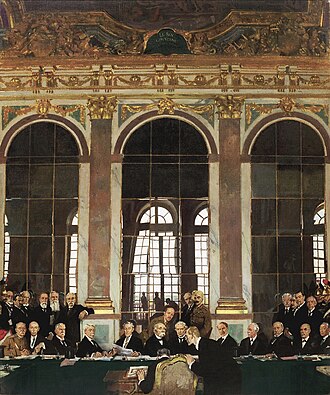 The Signing of Peace in the Hall of Mirrors, by William Orpen, depicts the peace agreement to end World War I, 28 June 1919