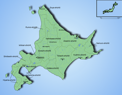 A map of Hokkaido showing the pre-2010 subprefectures and the primary cities