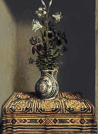 Hans Memling (1430–1494), Vase of Flowers (1480), Museo Thyssen-Bornemisza, Madrid. According to some scholars the Vase of Flowers is filled with religious symbolism.[10]