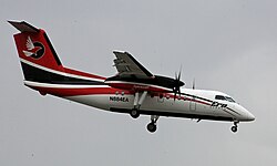A Bombardier Dash 8, operated by Era Alaska, on approach to Ted Stevens Anchorage International Airport