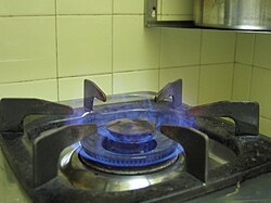 Close-up image of a natural gas burner on a stove showing the characteristic blue hue of a natural gas flame.