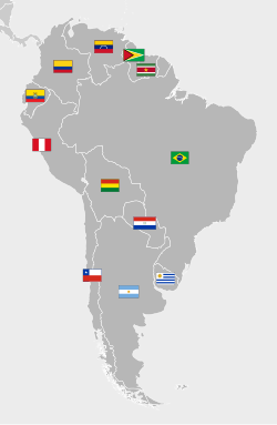 A map of South America with national flags, excluding dependent territories