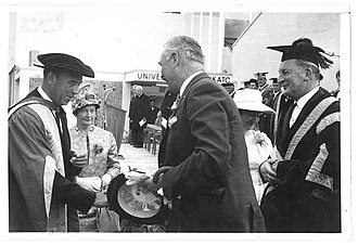Official opening of the University of Waikato in February 1965. L-R: Vice-chancellor Don Llewellyn, Mrs Ruth Llewellyn (the VC's wife), New Zealand governor-general Bernard Fergusson, Mrs Helen Rogers (wife of the chancellor), and chancellor Denis Rogers.