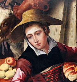 Market woman wearing a black partlet with a white lining over a reddish kirtle, Netherlandish, 1567.
