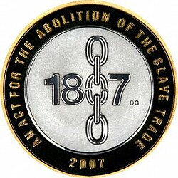 200th anniversary of the British act of parliament abolishing slave trading, commemorated on a British two pound coin.