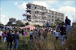 The Queen Elizabeth Square flats (1962) in Glasgow being demolished in 1993.