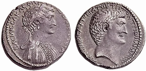 A silver coin depicting the heads of Cleopatra and Mark Antony