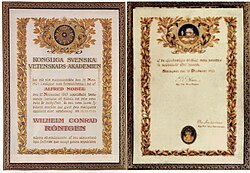 The Nobel diploma awarded to Wilhelm Conrad Röntgen in 1901