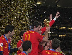 Spain's players celebrate winning the 2010 FIFA World Cup.