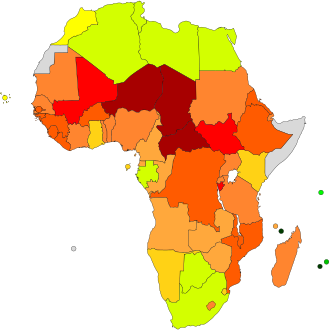 Map of African counties by Human Development Index in 2020: ≥ 0.900 0.850–0.899 0.800–0.849 0.750–0.799 0.700–0.749 0.650–0.699 0.600–0.649 0.550–0.599 0.500–0.549 0.450–0.499 0.400–0.449 ≤ 0.399 Data unavailable