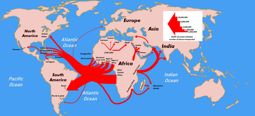 Major routes of transporting slaves out of Africa, by volume of slaves moved, between 1500 and 1900
