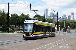 Oak Cliff area with its Dallas Streetcar and Downtown Dallas on the end
