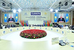 Nurlan Nigmatulin speaks at the 2021 TURKPA Assembly in Turkistan, Kazakhstan