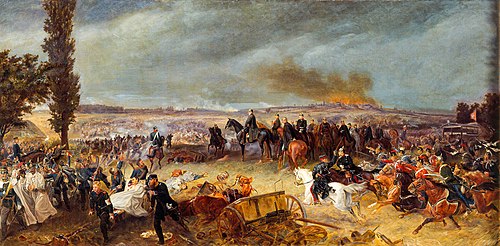 King William on a black horse with his suite, Bismarck, Moltke, Roon and others, watching the Battle of Königgrätz