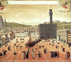 Girolamo Savonarola being hanged and burned in 1498. The brooding Palazzo Vecchio is at centre right.