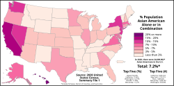 Proportion of Asian Americans in each US state, the District of Columbia, and Puerto Rico as of the 2020 United States census