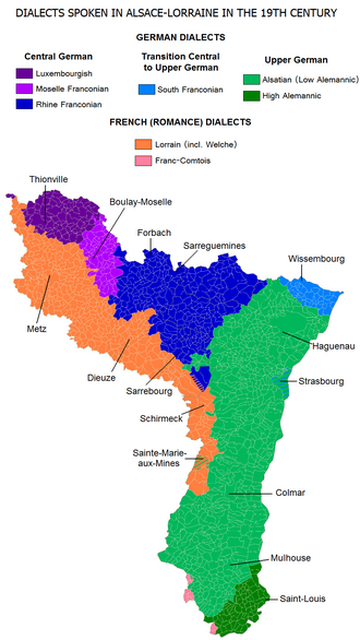 Spatial distribution of dialects in Alsace–Lorraine in the 19th century before the expansion of standard French in the 20th century