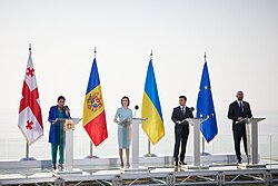 President of Georgia Salome Zourabichvili, President of Moldova Maia Sandu, President of Ukraine Volodymyr Zelenskyy and President of the European Council Charles Michel during the 2021 Batumi International Conference. In 2014, the EU signed Association Agreements with the three states.