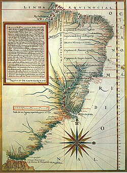 Portuguese map (1574) by Luís Teixeira, showing the location of the hereditary captaincies of Brazil